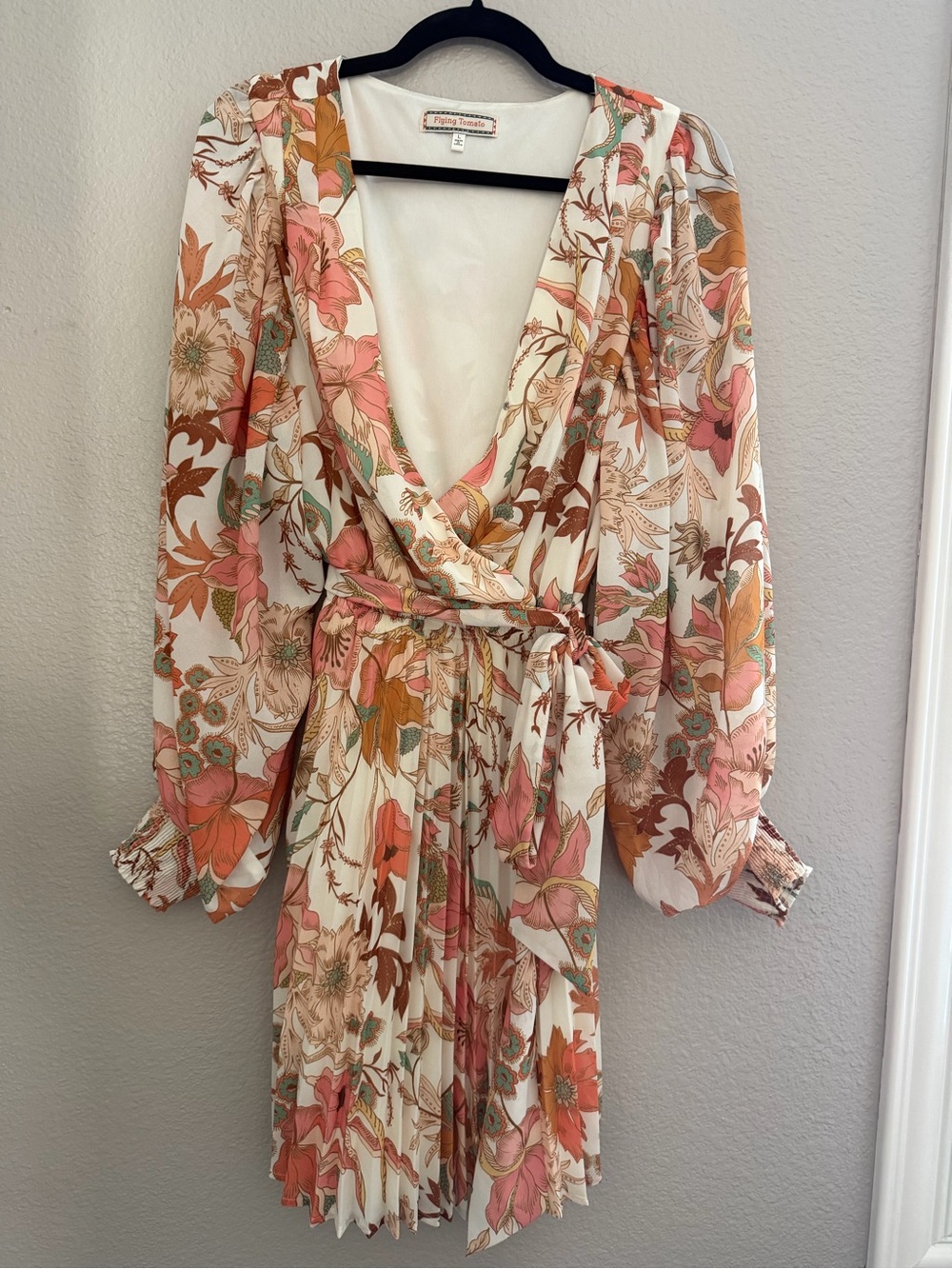 Flying Tomato Floral Wrap Dress in Cream, Pink and Tan